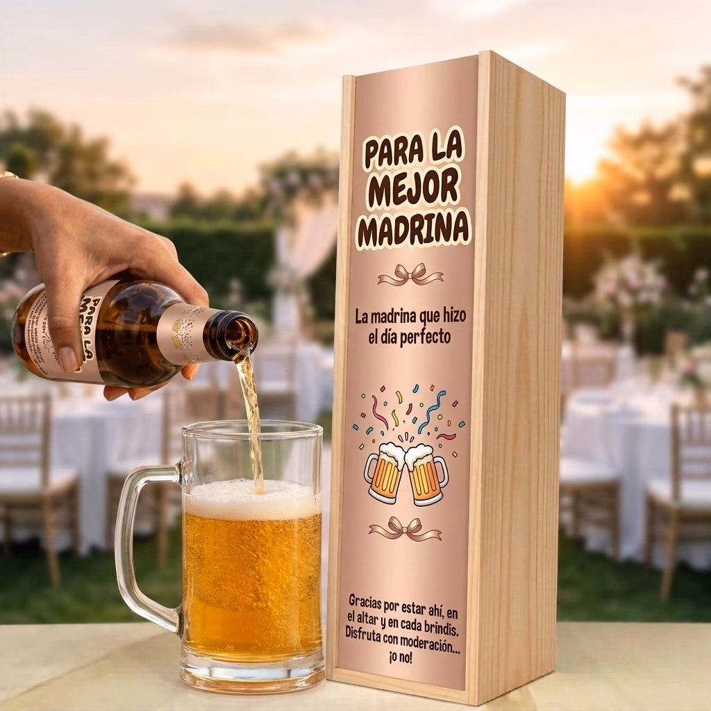 Cerveza para madrina XXL servida en jarra junto a su estuche de madera