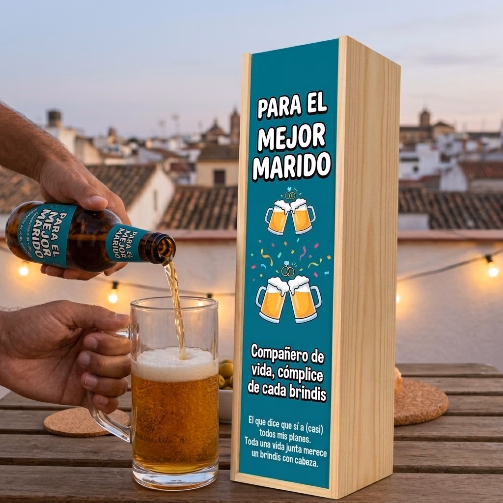 Cerveza para marido XXL servida en jarra junto a su estuche de madera