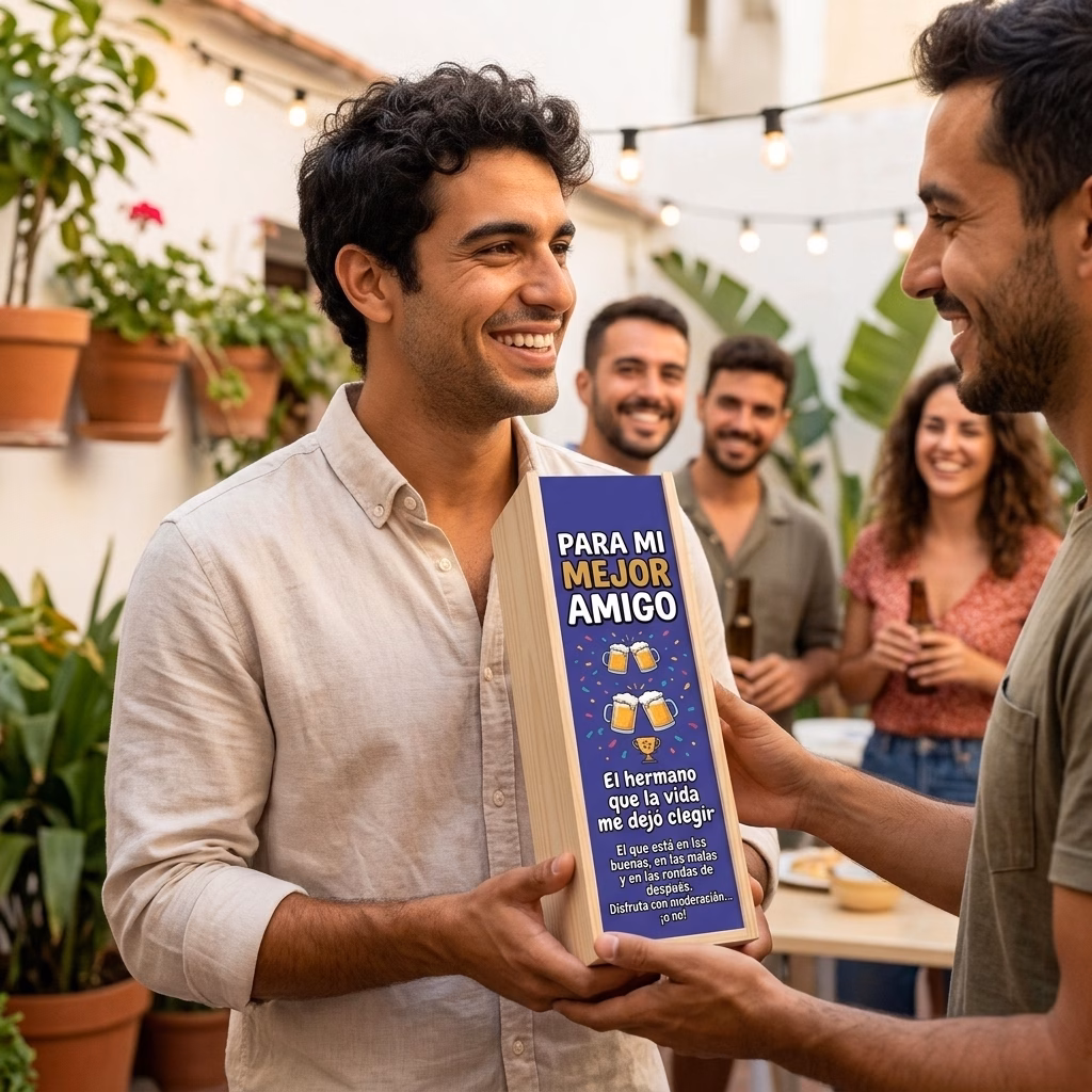Persona recibiendo en familia su caja de cerveza XXL de regalo para mejor amigo