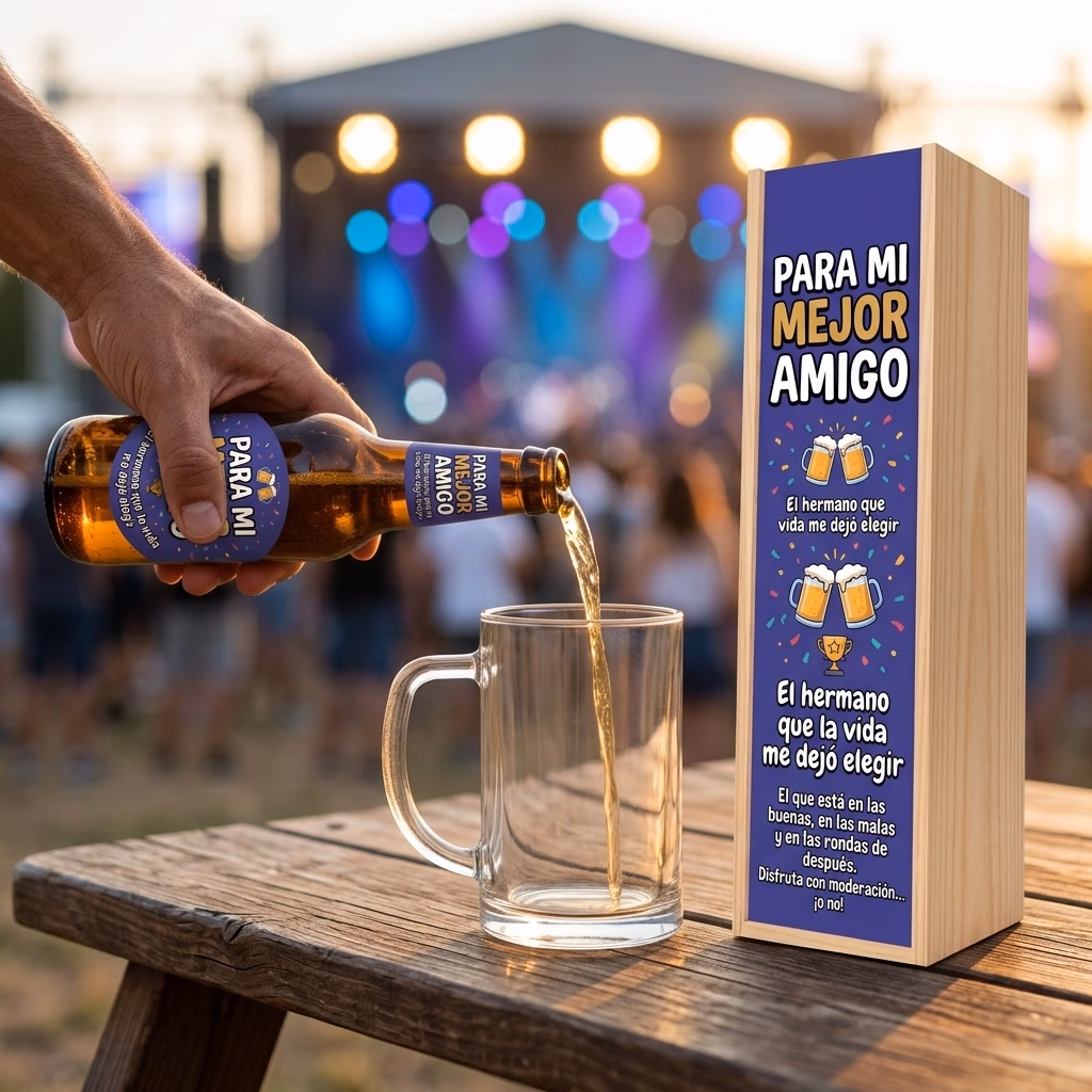 Cerveza para mejor amigo XXL servida en jarra junto a su estuche de madera