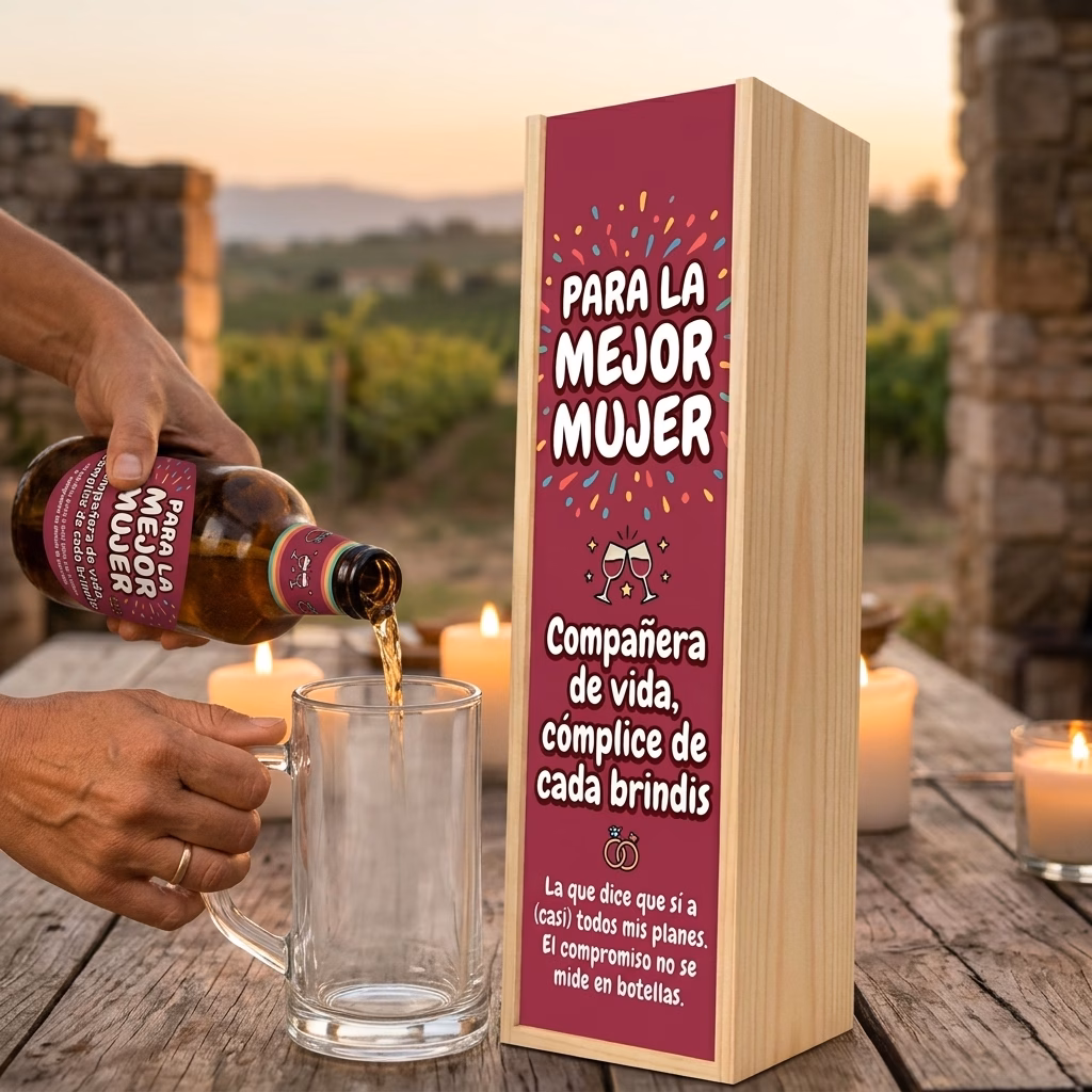 Cerveza para mujer XXL servida en jarra junto a su estuche de madera