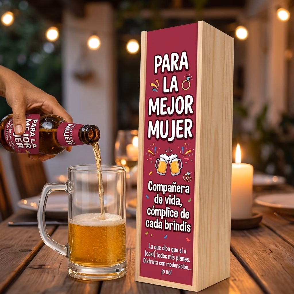 Cerveza para mujer XXL servida en jarra junto a su estuche de madera