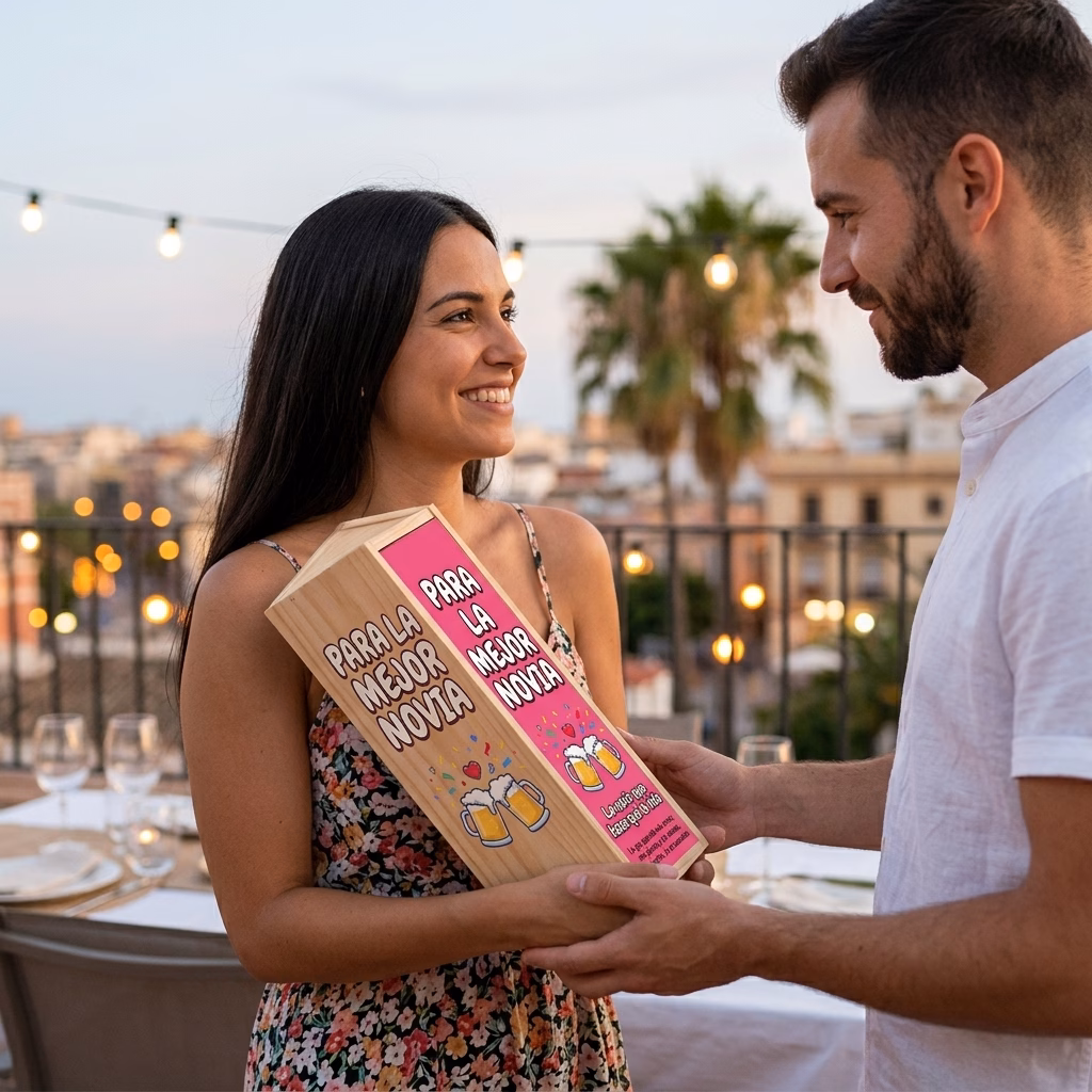 Persona recibiendo en familia su caja de cerveza XXL de regalo para novia