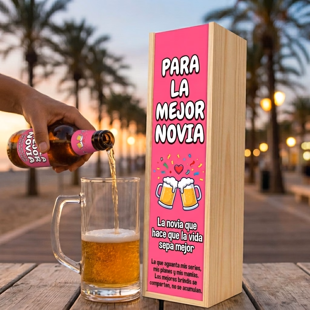 Cerveza para novia XXL servida en jarra junto a su estuche de madera