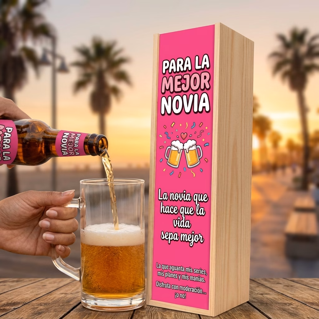 Cerveza para novia XXL servida en jarra junto a su estuche de madera