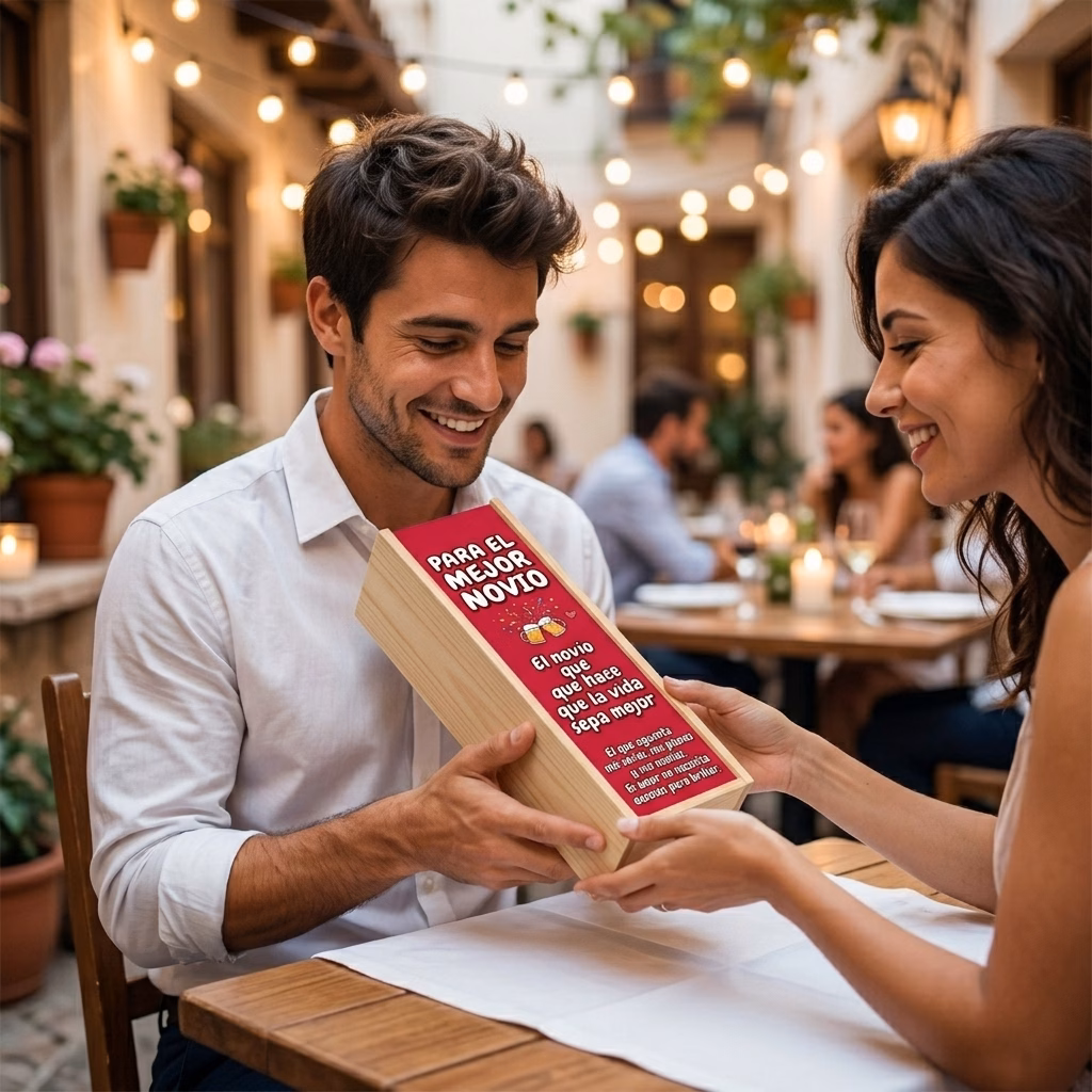 Persona recibiendo en familia su caja de cerveza XXL de regalo para novio