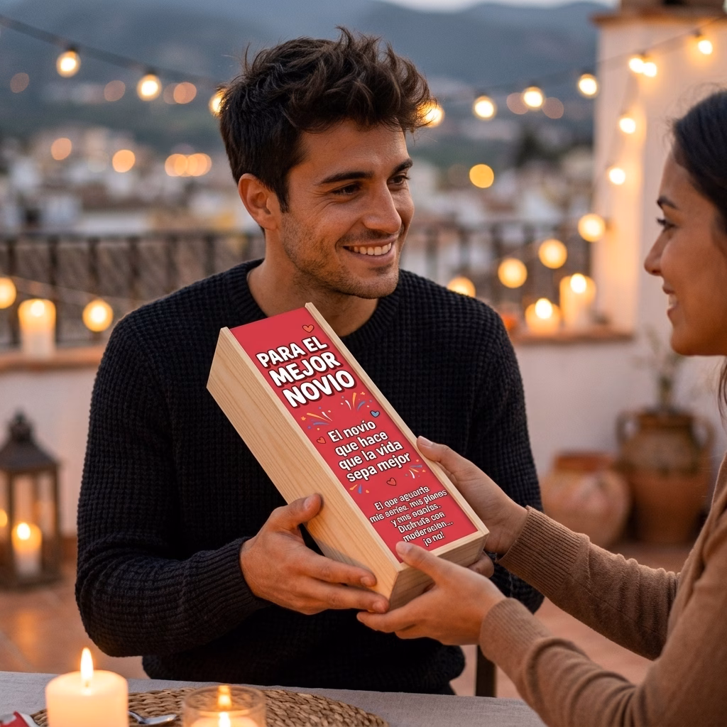 Persona recibiendo en familia su caja de cerveza XXL de regalo para novio