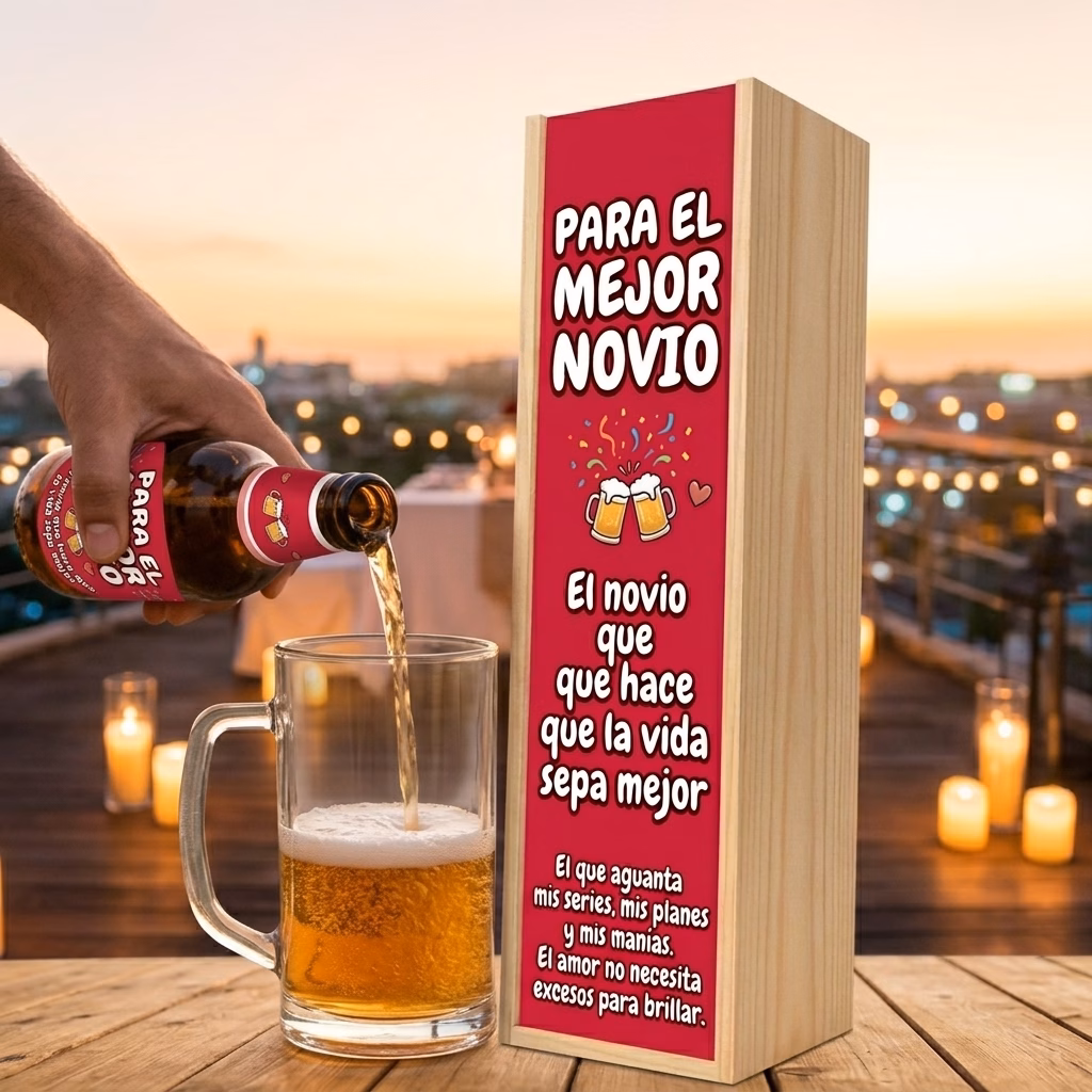 Cerveza para novio XXL servida en jarra junto a su estuche de madera