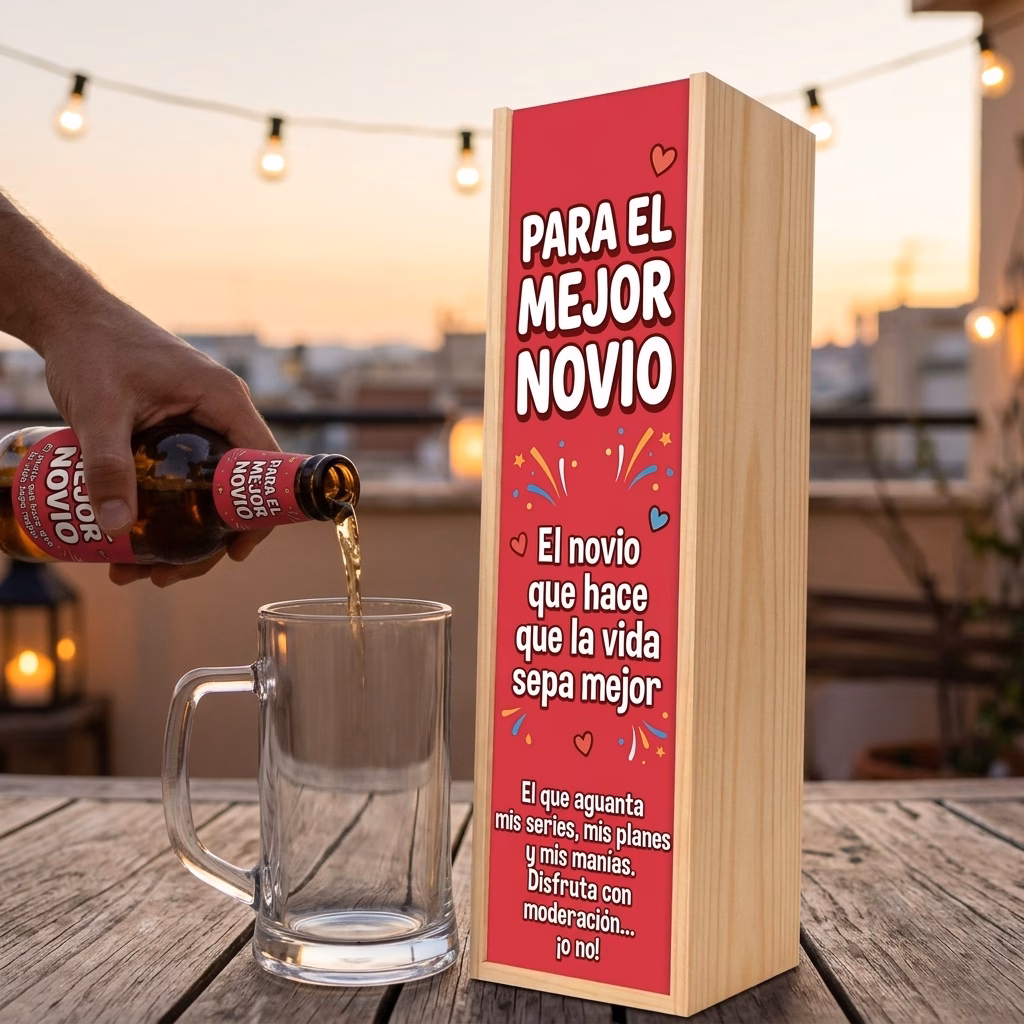 Cerveza para novio XXL servida en jarra junto a su estuche de madera