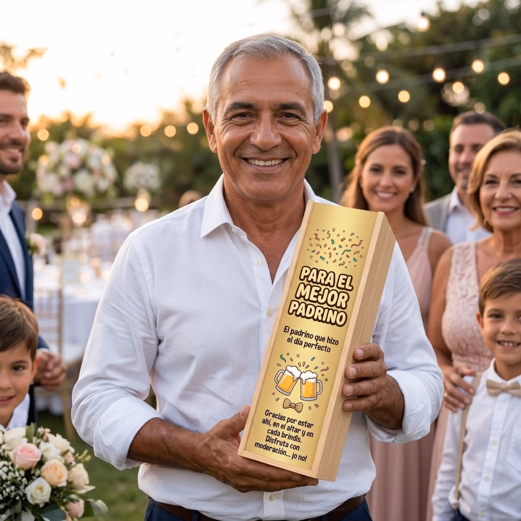 Persona recibiendo en familia su caja de cerveza XXL de regalo para padrino