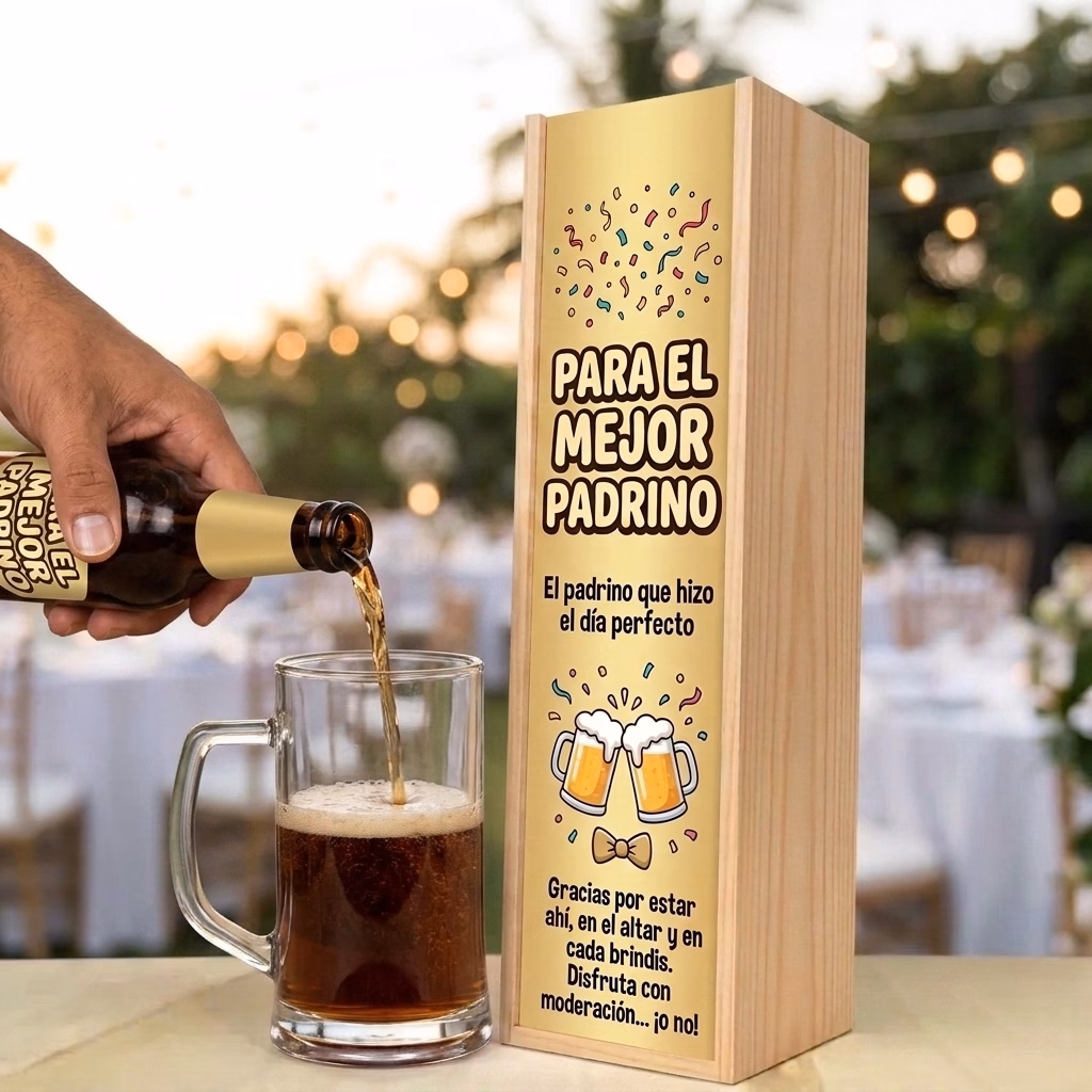 Cerveza para padrino XXL servida en jarra junto a su estuche de madera