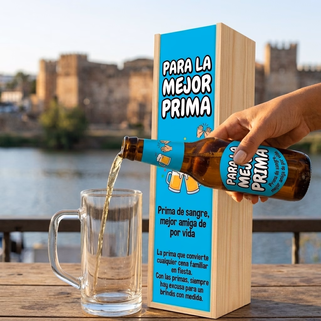 Cerveza para prima XXL servida en jarra junto a su estuche de madera