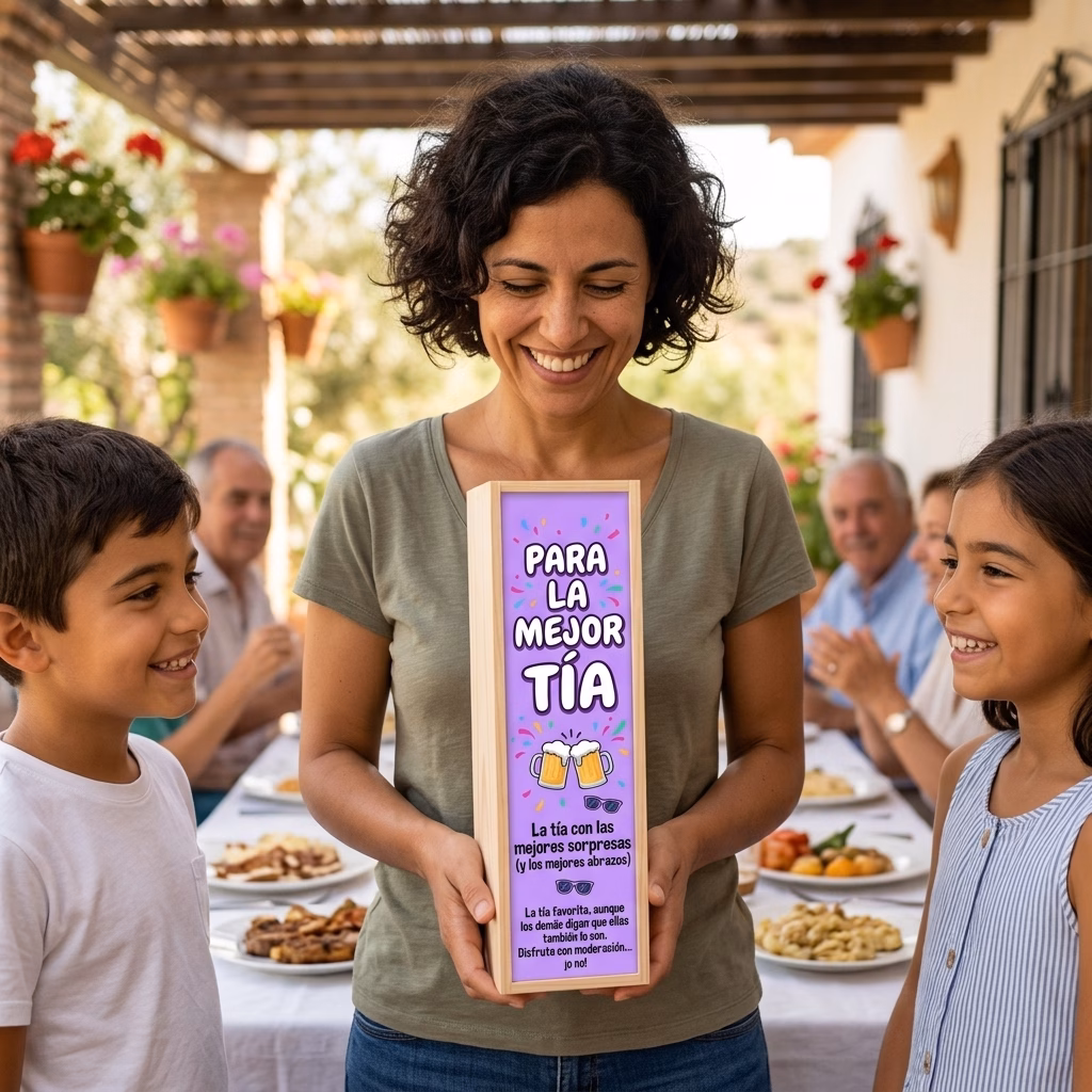 Persona recibiendo en familia su caja de cerveza XXL de regalo para tía
