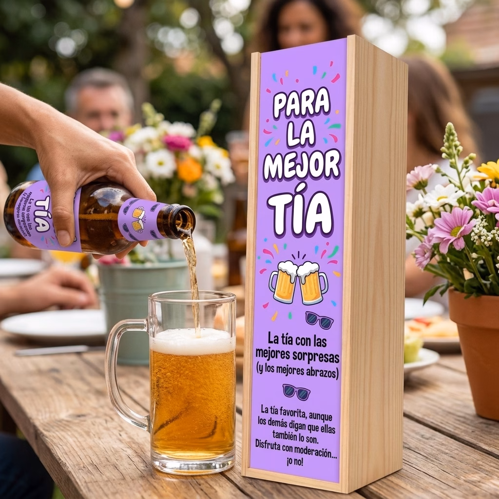 Cerveza para tía XXL servida en jarra junto a su estuche de madera