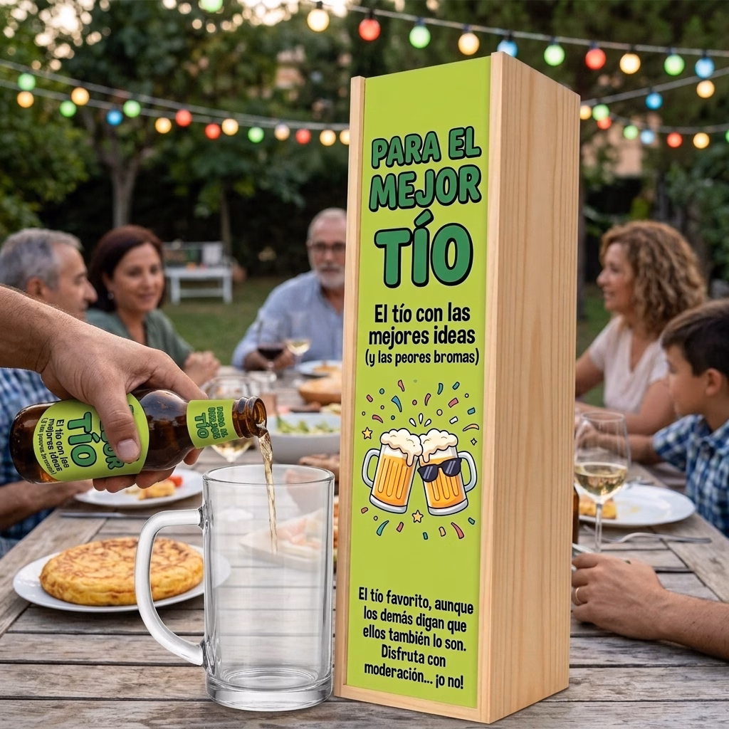 Cerveza para tío XXL servida en jarra junto a su estuche de madera