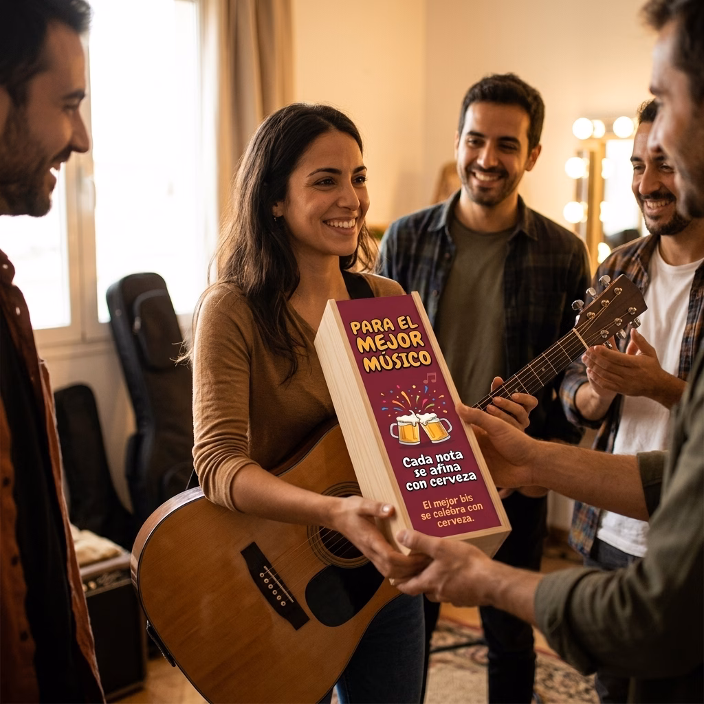 Persona recibiendo en familia su caja de cerveza XXL de regalo para músicos