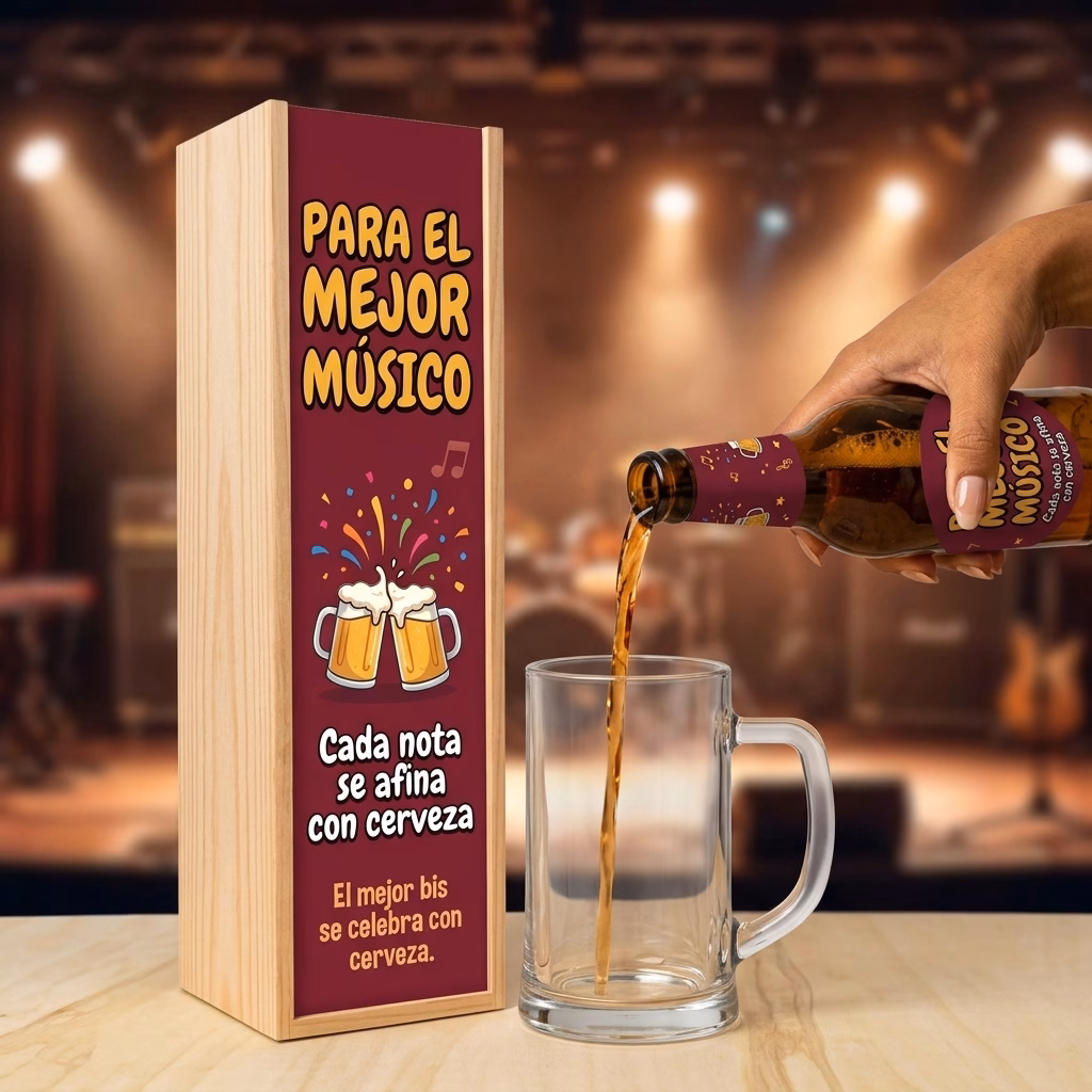 Cerveza para músicos XXL servida en jarra junto a su estuche de madera
