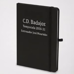 Bloc de notas personalizado en PU reciclado color negro con grabado deportivo profesional.