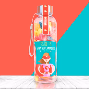 Botella con chuches y mensaje para supermadre.