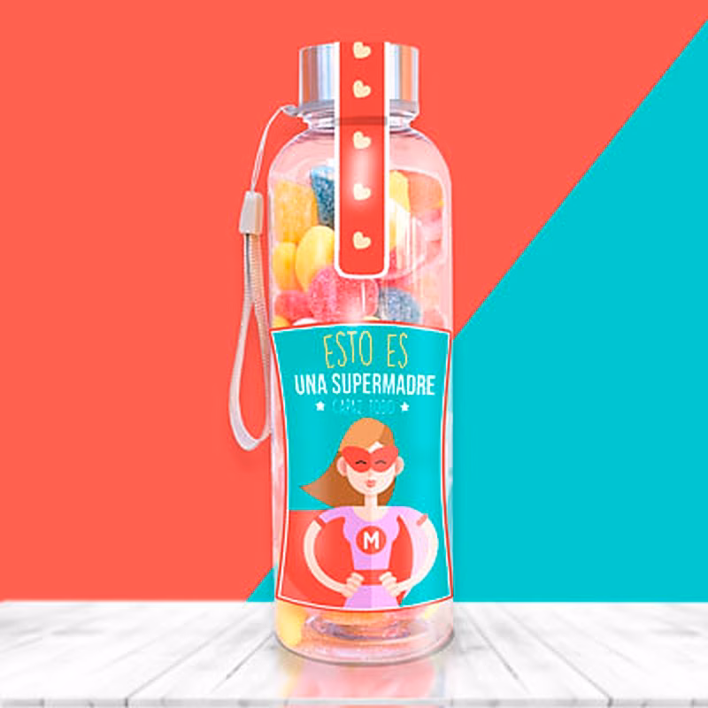 Botella con chuches y mensaje para supermadre.