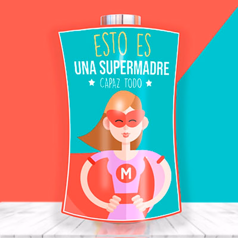 Botella con chuches y mensaje para supermadre.