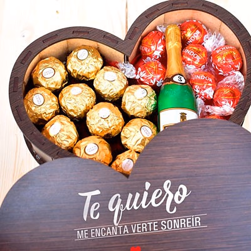Caja en forma de corazón con bombones Lindor y Ferrero Rocher.
