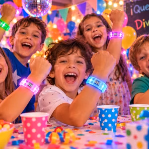 Niños con pulseras LED multicolor en una fiesta infantil