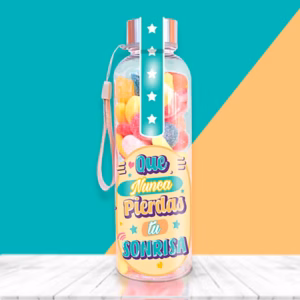 Botella para llenar con chuches con mensaje, nunca pierdas la sonrisa.