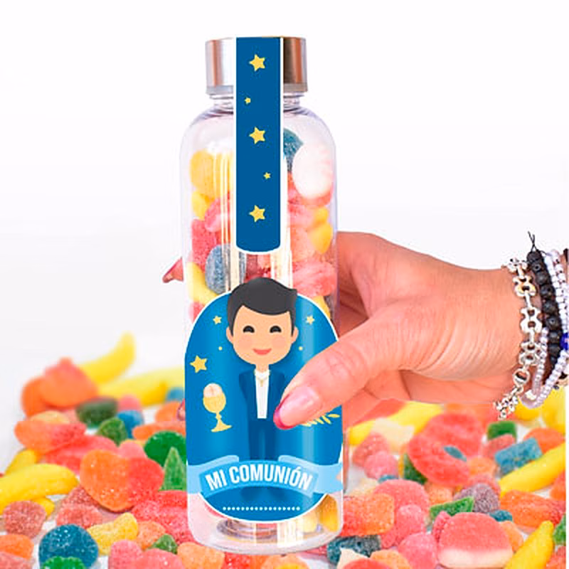 Botella con chuches para Mi primera Comunión de niño.