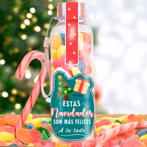 Botella de chuches con mensaje navideño.