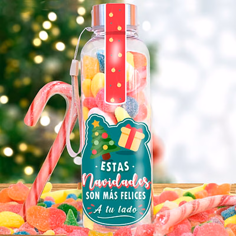 Botella de chuches con mensaje navideño.