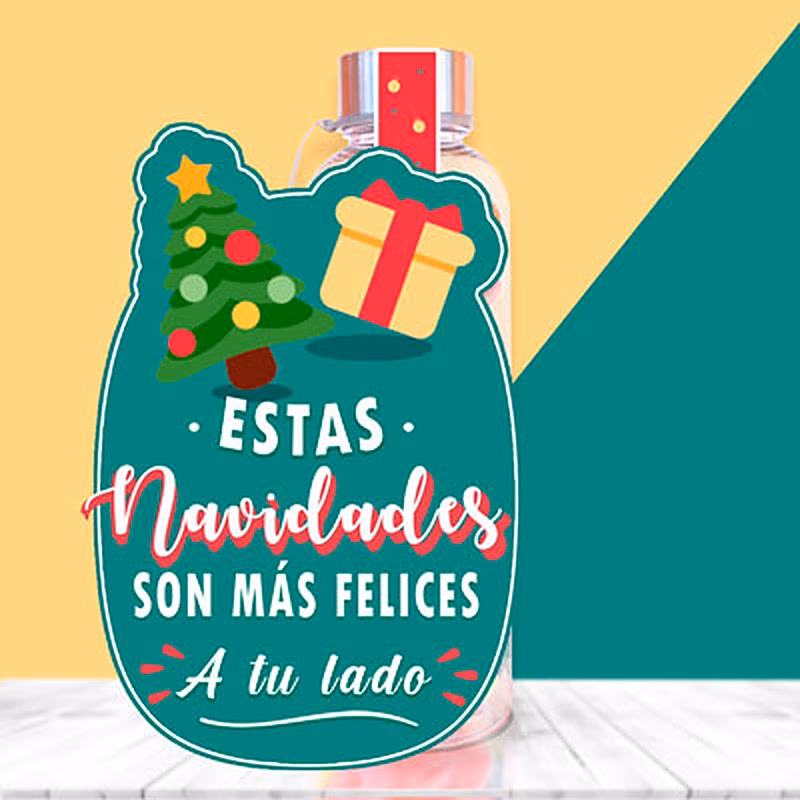 Botella de chuches con mensaje navideño.
