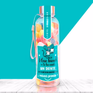 Botella con chuches para regalar a un niño que se le ha caído un diente.