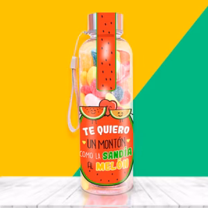 Botella con chuches y mensaje de amor gracioso.