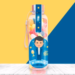 Botella con chuches para Mi primera Comunión de niño.