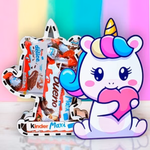 Caja de madera en forma de unicornio llena de chocolates kinder.
