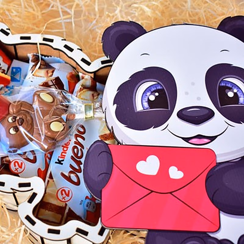 Caja de madera en forma de oso panda rellena de chocolates.