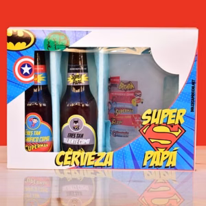 Estuche cervezas Super Héroes y jarra de cristal esmerilado — regalo original Día del Padre