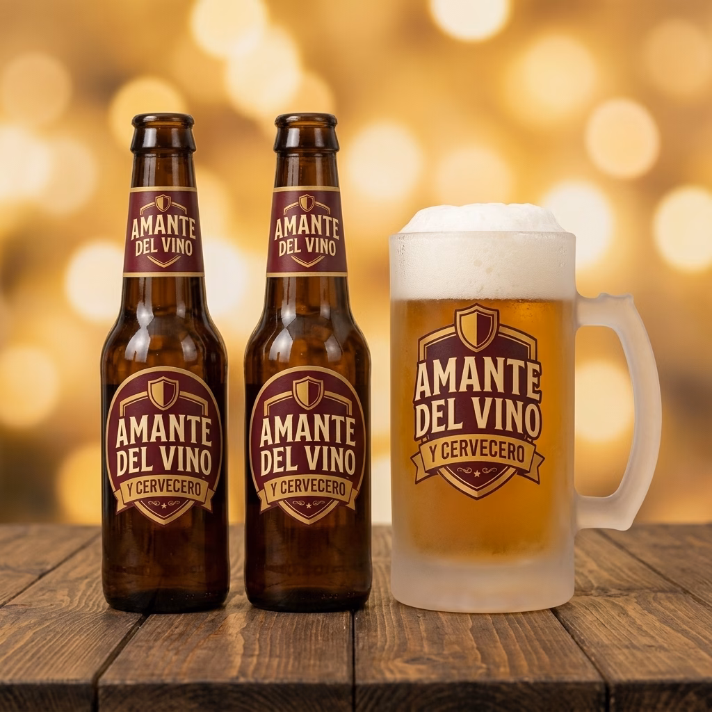 Detalle de los botellines y la jarra de cerveza para amantes del vino