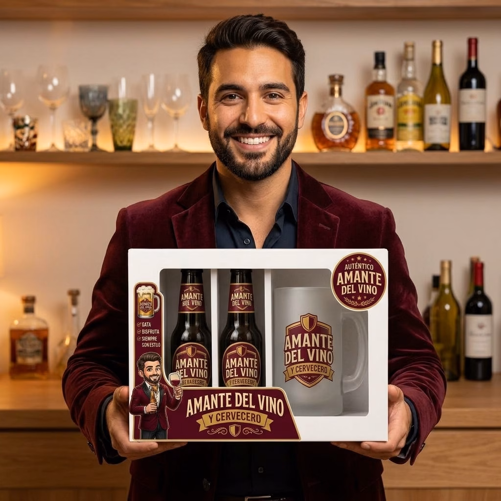 Persona sujetando el estuche de cerveza y jarra para amantes del vino