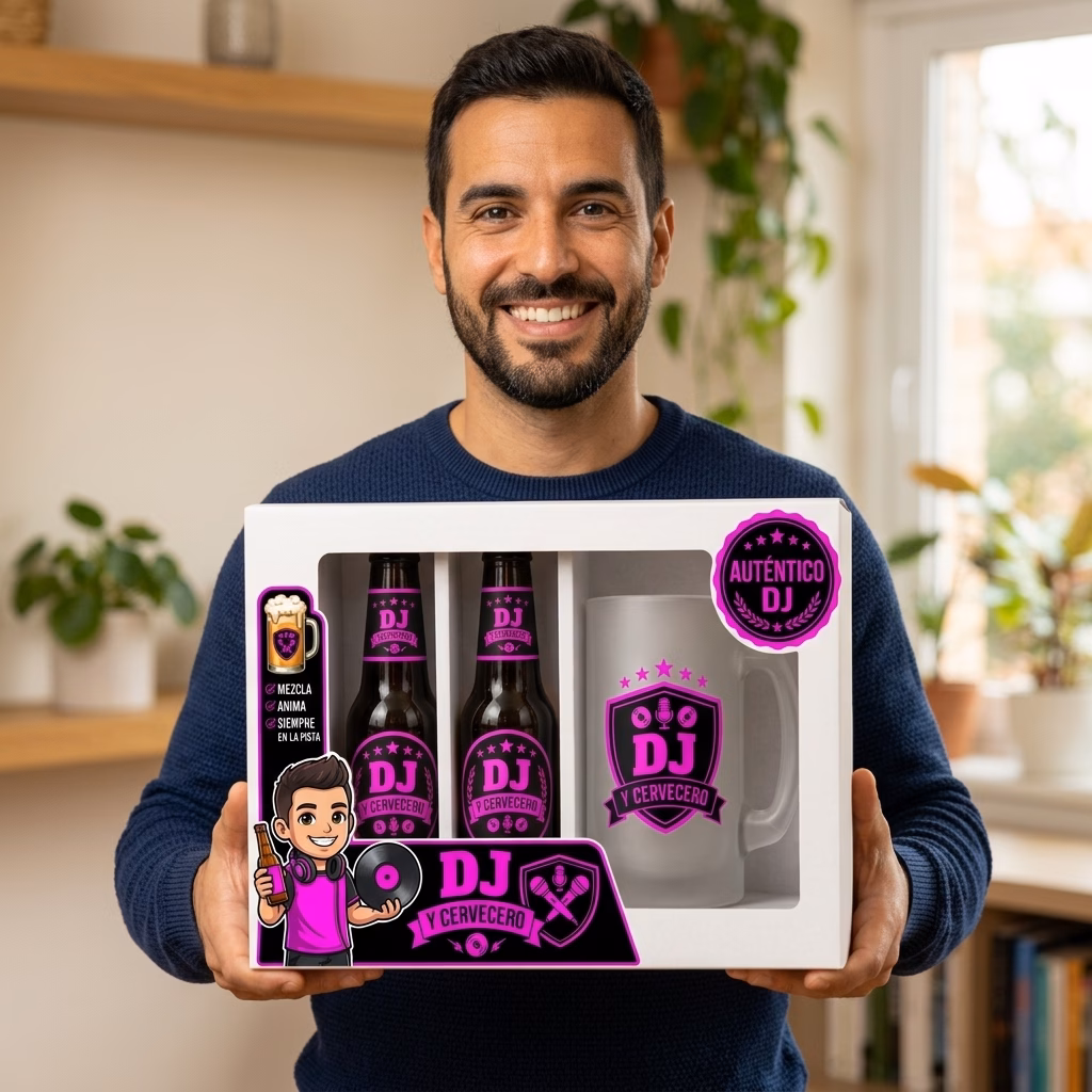 Persona sujetando el estuche de cerveza y jarra para djs