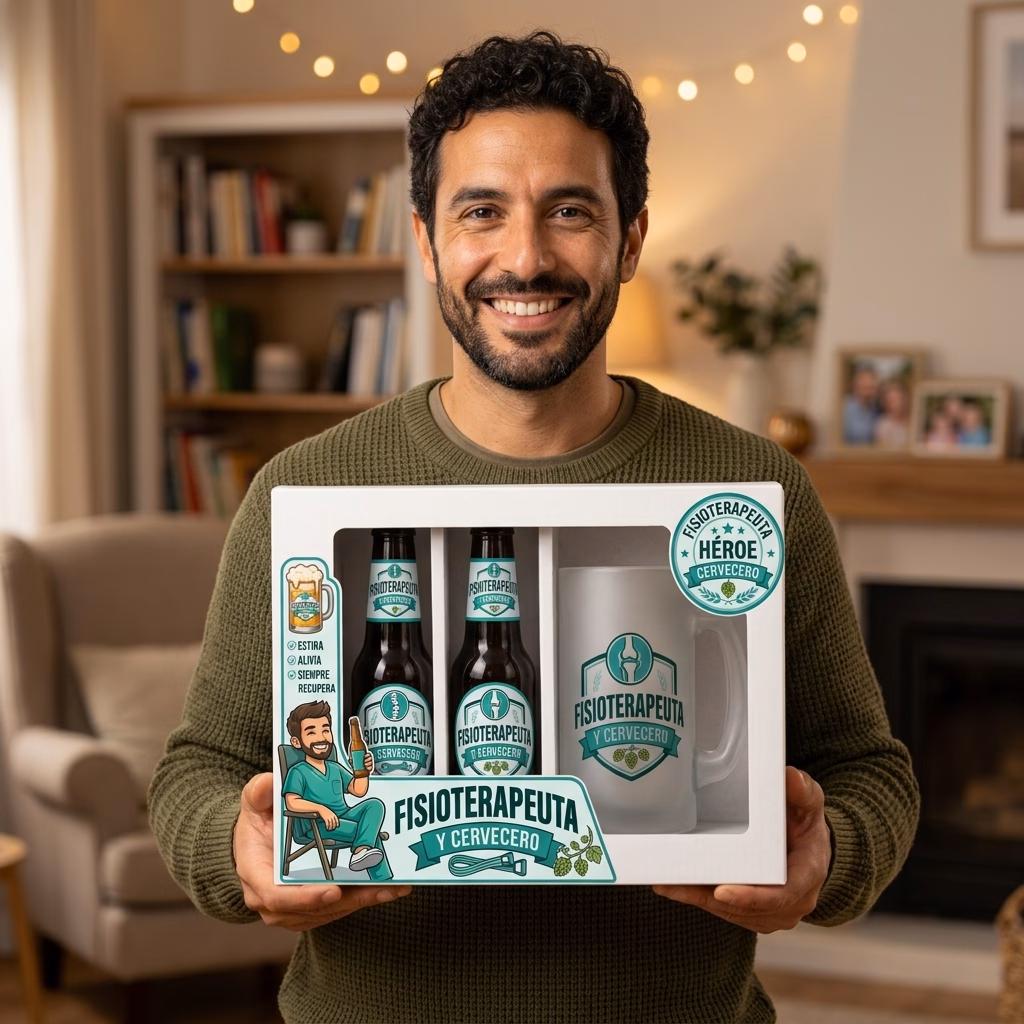 Persona sujetando el estuche de cerveza y jarra para fisioterapeuta