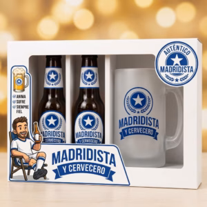Estuche de cerveza y jarra regalo para madridistas