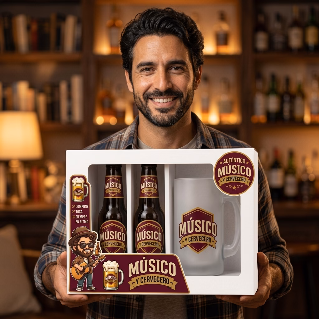 Persona sujetando el estuche de cerveza y jarra para músicos
