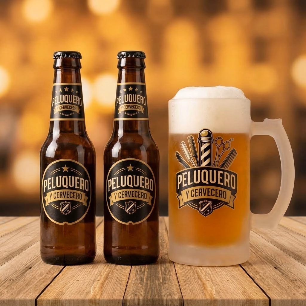 Detalle de los botellines y la jarra de cerveza para peluquero o barbero