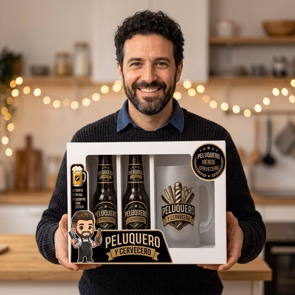 Persona sujetando el estuche de cerveza y jarra para peluquero o barbero