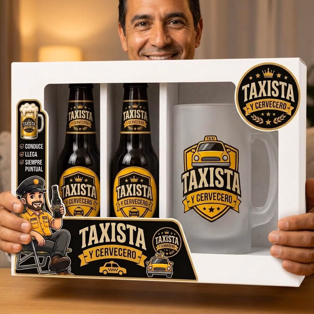 Persona sujetando el estuche de cerveza y jarra para taxista