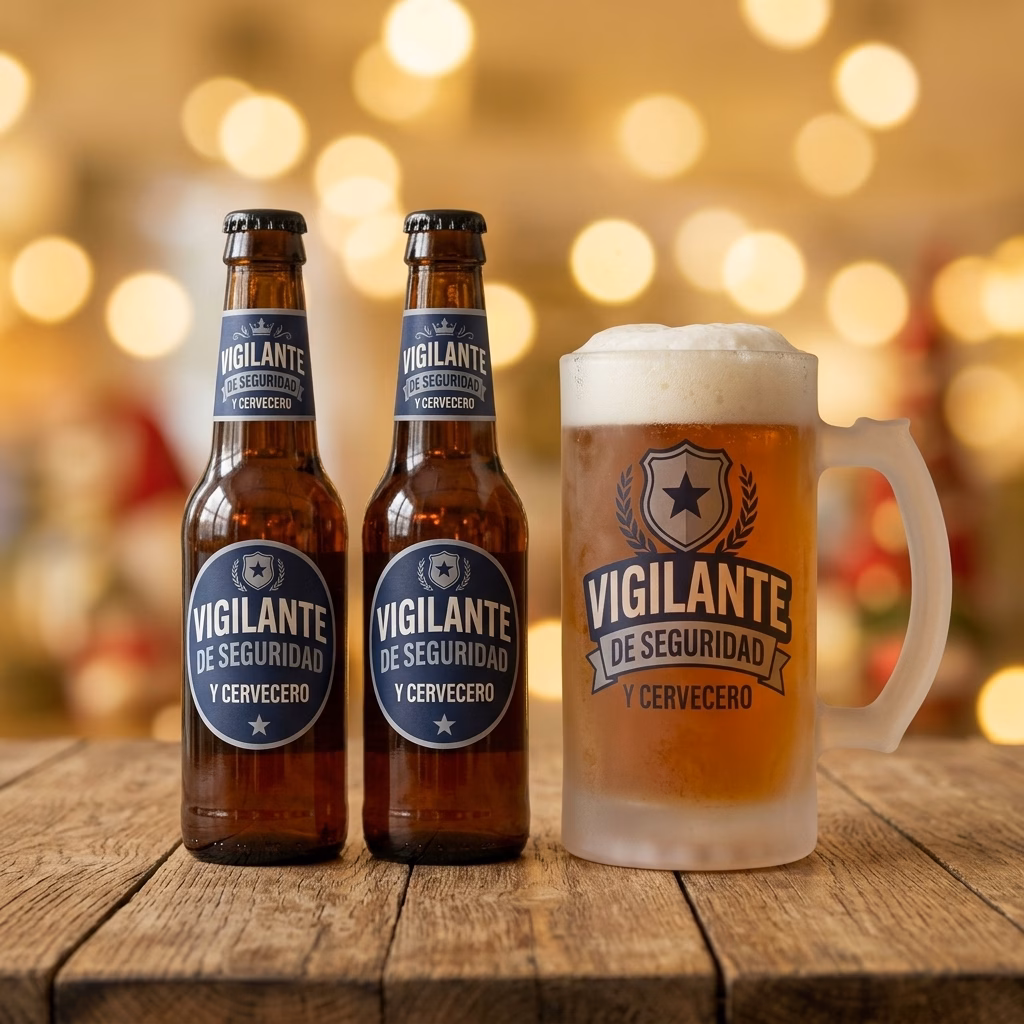 Detalle de los botellines y la jarra de cerveza para vigilante de seguridad