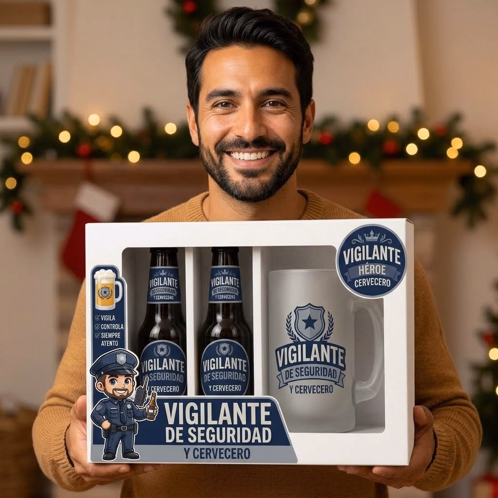 Persona sujetando el estuche de cerveza y jarra para vigilante de seguridad