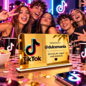 Placa TikTok personalizada en metacrilato dorado efecto espejo